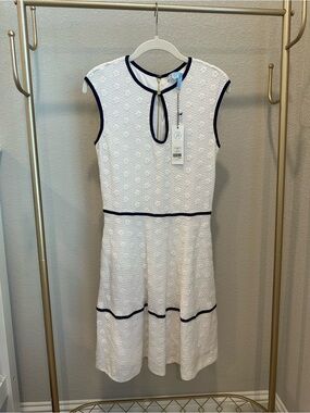 Draper James White Eyelet Midi Dress with Navy Trim
